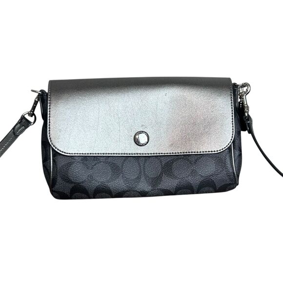 Coach Signature Crossbody Bag Black Leather Canvas Shoulder Purse F59534 - Picture 2 of 8